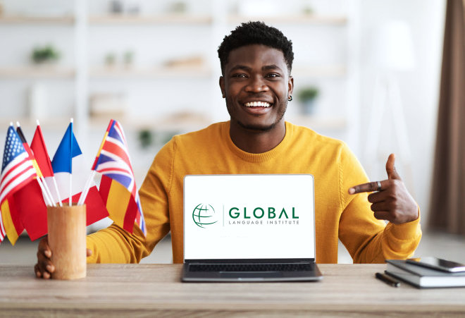 man smiling with flags